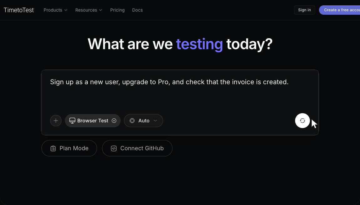 Illustrative TimetoTest workflow: a browser check is entered into the composer.